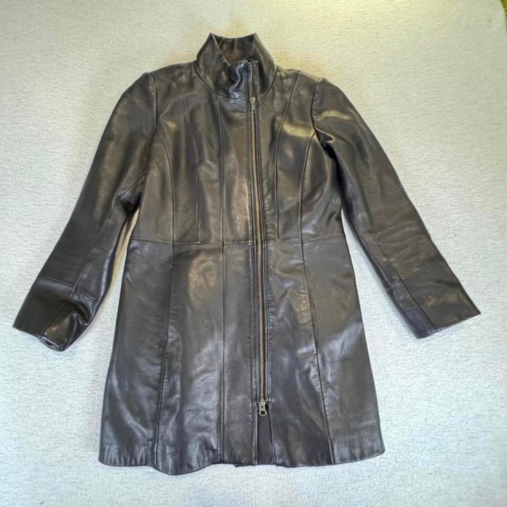 Cole Haan Women's Genuine Lambskin Leather Coat XS | Black Full Zip Fitted
